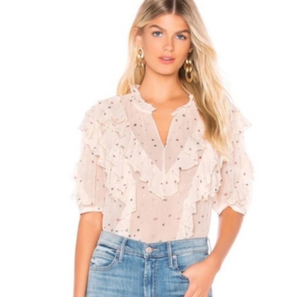 Rebecca Taylor Chic Sheer Silk Ruffled Blouse with Glittered Polka Dots